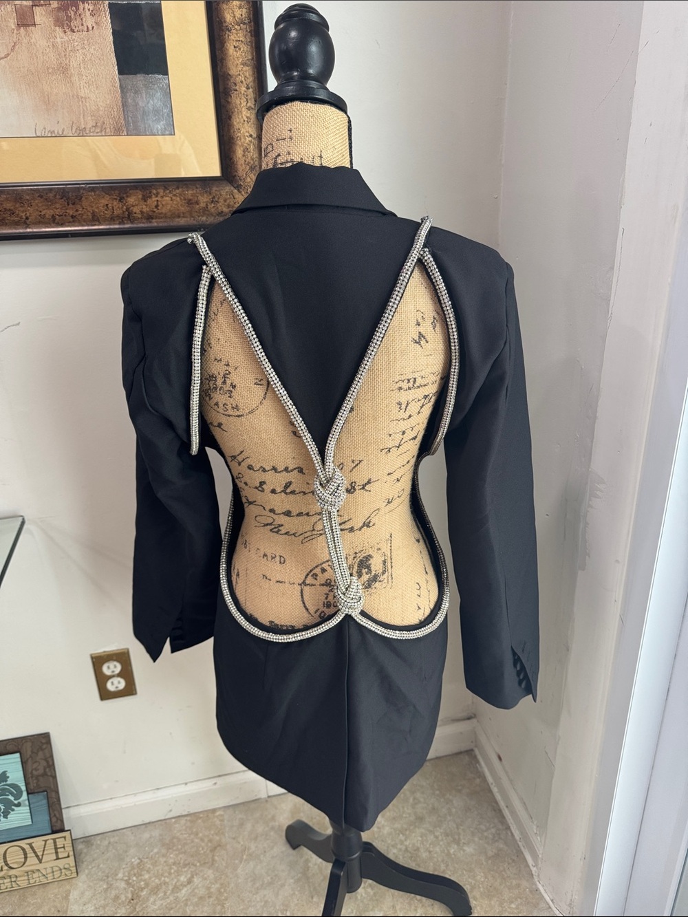 Women's Black Single-Button Blazer with Rhinestone Side Trim - Picture 4 of 5